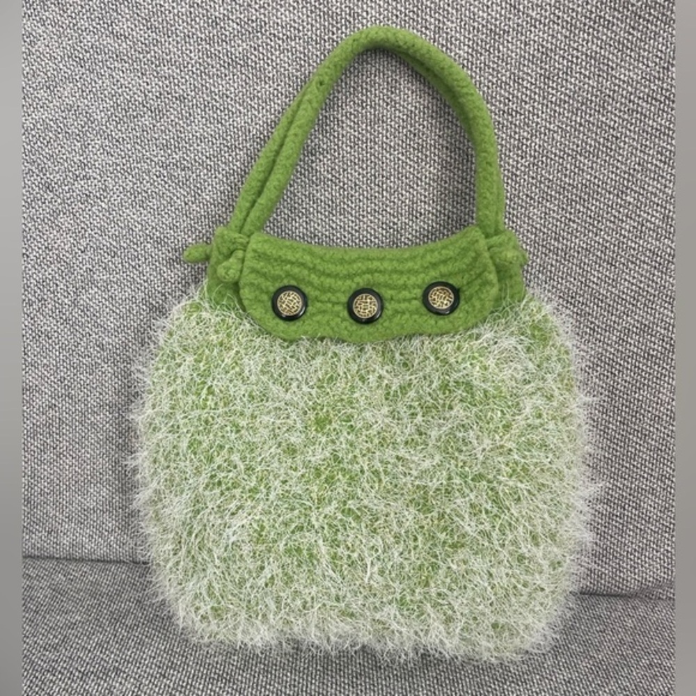 Green Textured Shoulder Bag with Fuzzy Finish